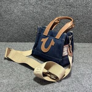 TRUE RELIGION Mini Crossbody Denim Tote Bag Brown Trim Horseshoe Logo w/ Strap